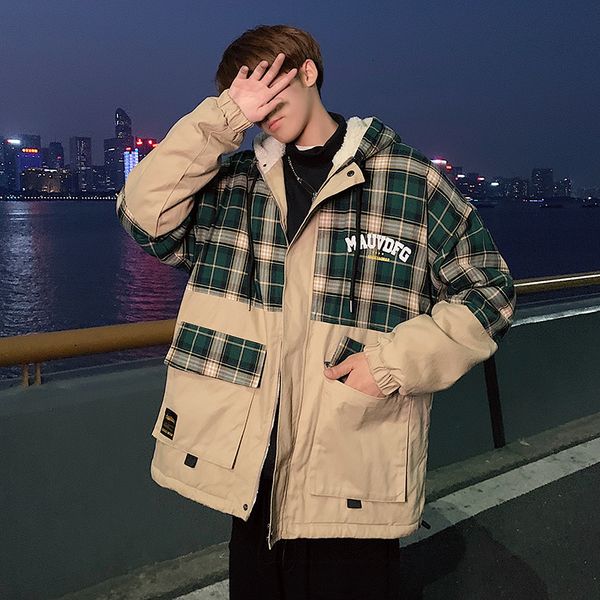 

зима новых курток мужской теплый толстой мода parka мужчины плед строчка вскользь с капюшоном пальто людей streetwear wild сыпучих пальто хл, Black