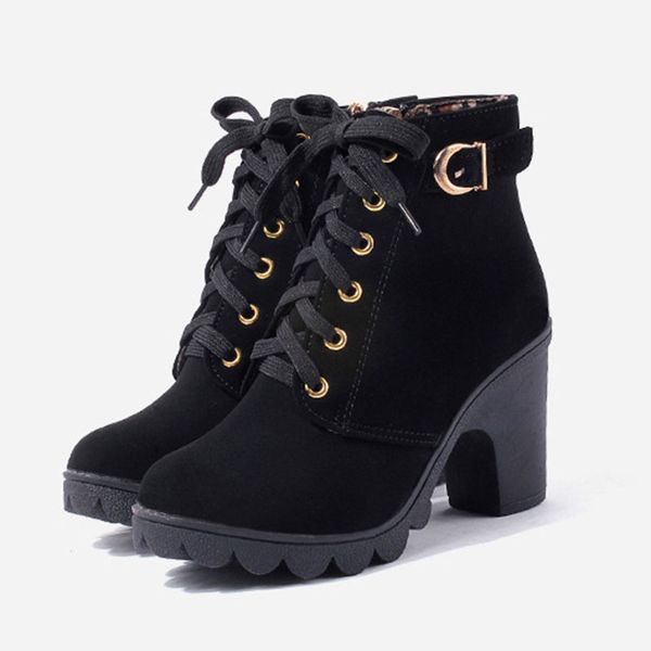 

women boots plus size ankle boots women platform high heels lace up buckle strap shoes thick heel short boot ladies, Black