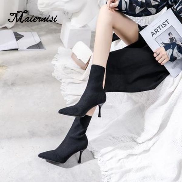 

maiernisi new ankle boots for women short boots high heels pointed toe female shoes bottines brand ladies shoes winter, Black