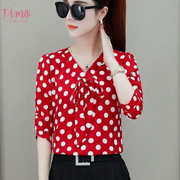 

bow tie long sleeve blusa v collar polka dot blouses shirt 2020 new feminine elegant women camisas mujer 66i6, White