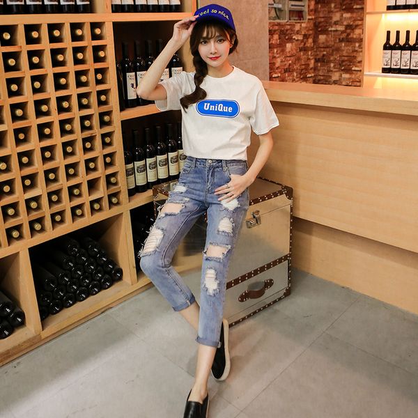 

wholesale 2019 summer women denim pants with holes button mid-calf female casual jeans slim hips office lady trousers, Blue