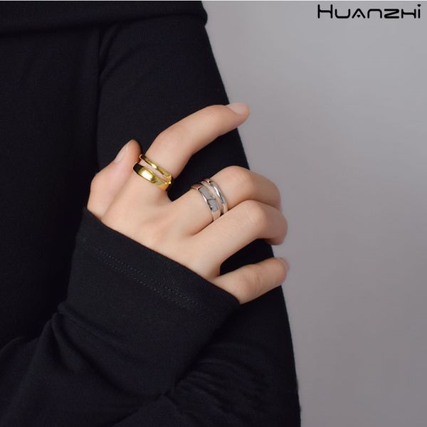 

huanzhi 2020 smooth gold color plated metal rings minimalist retro irregular geometric adjustable ring for women couple gifts, Golden;silver