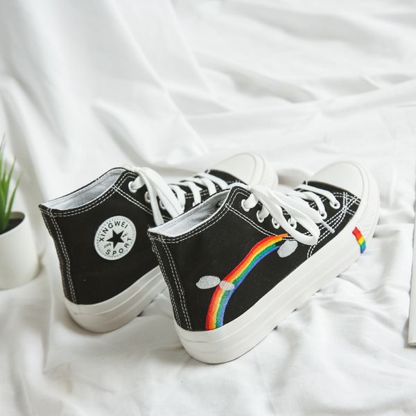 

fashion rainbow sole white shoes canvas women's sneakers girls comfortable casual high help women's flat sneakers, Black