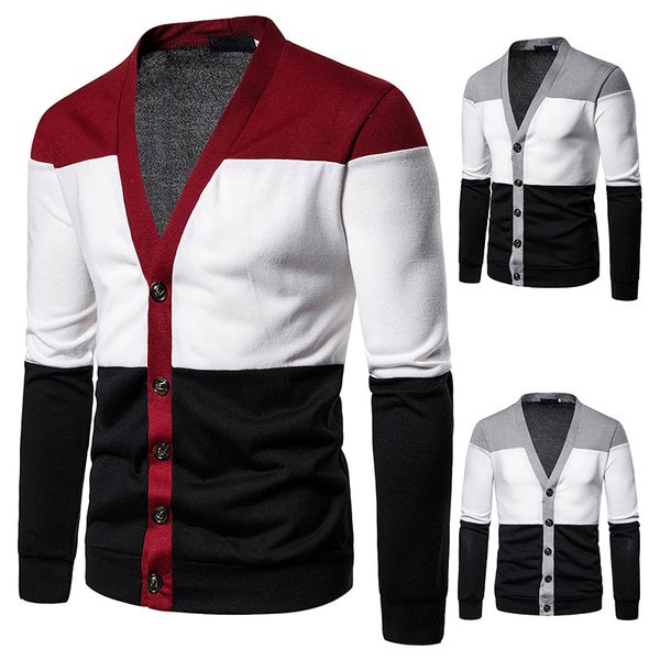 

new men's sweater fashion v-neck casual contrast color cardigan sweater men's knitted button sweater coat 2 colors, White;black