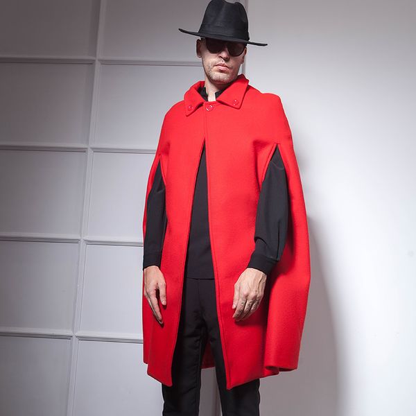 

men's wool & blends caped male winter ii cloak-style long style lapel bright red festive retro cloak sleeveless, Black