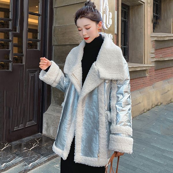 

new women silver jacket 2019 lambswool fur one down jackets fashion glossy stand collar cotton coat women winter warm outerwear, Black