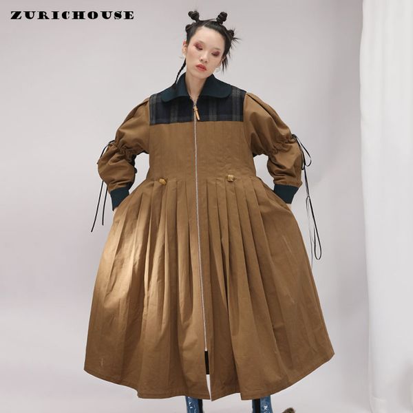 

zurichouse 2020 women trench long fashion plaid patchwork pleated design thin cotton-padded coat spring oversized windbreaker, Tan;black