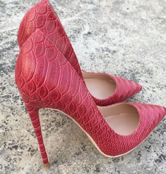 Vente chaude-Rétro-brillant Rouge Serpentine Pointu Chaussures À Talons Hauts 12cm 10cm 8cm Talon Mince Talons Hauts Stelitto Chaussures Femmes Robe De Mariage