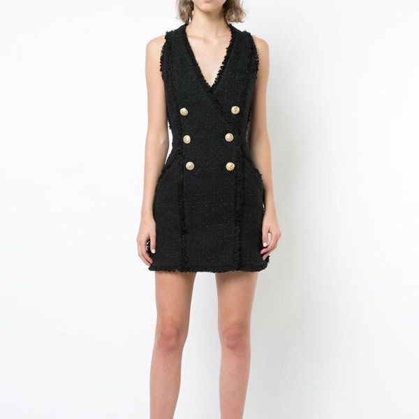 

высокое качество взлетно-посадочной полосы 2020 стильное дизайнерское платье женская без рукавов v-образным вырезом лев кнопки кисточкой тви, Black;gray