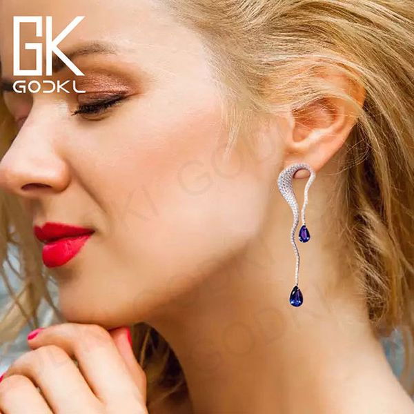 

godki 46mm luxury water drop cubic zircon nigerian long dangle earrings for women dubai bridal earrings aretes de mujer modernos, Silver