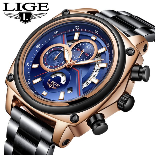 

lige 2020 mens watches fashion business quartz watch men sport all steel waterproof clock erkek kol saati+box, Slivery;brown