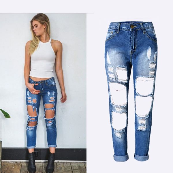 

uwback ripped jeans for women 2020 new boyfriend jeans women high waisted torned holes denim holes black/white pants tb984, Blue