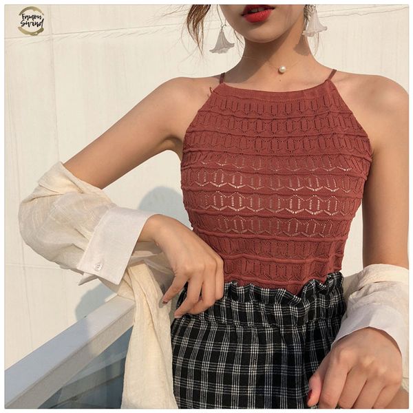 

women slim knitting halter neck hollow out camisole female crop tanks sleeveless solid t shirts tees, White