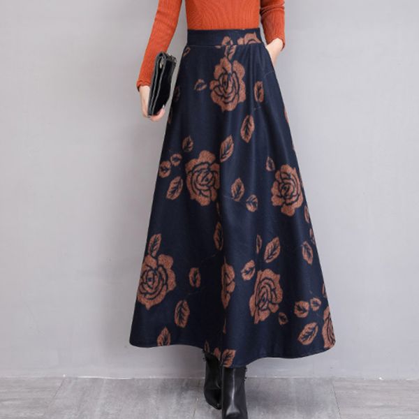 

retro europe style long skirts women vintage winter velvet skirt plus size stretch maxi skirt high waist a-line faldas aq702, Black