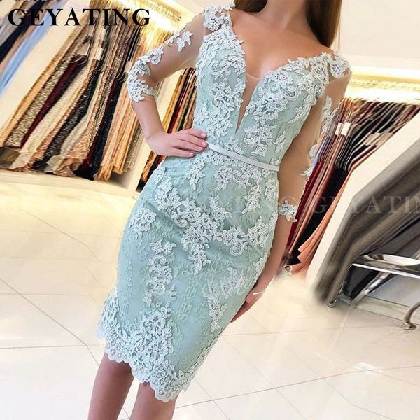 

mint green party коктейльное платье 2019 три четверти рукава v-образным вырезом до колен длина шнурка аппликация женщины формальные партии м, White;black