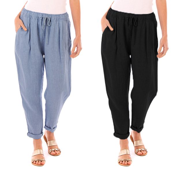 

zanzea 2019 vintage women's pants ladies casual elastic waist pencil trouser pockets cotton bottoms streetwear pantalones femme, Black;white