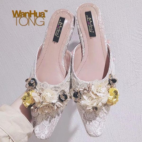 

woman summer flat heel sweet wedding daily square toe slip-ons flower crystal sparkling glitter lace fashion, Black