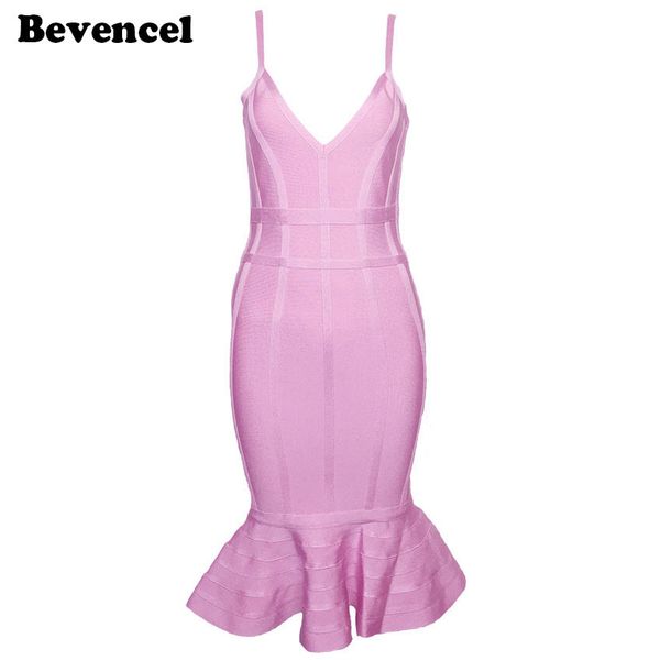 

bevencel 2019 new women summer strap trumpet bandage dress sleeveless v neck striped bodycon celebrity bandage party dress, Black;pink