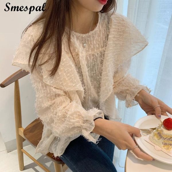 

women fluffy crochet lace shirt tees with ruffles details, White