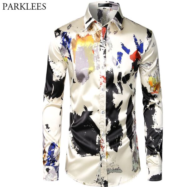 

silk satin shirt men luxury print mens dress shirts casual button down wedding party prom shirts slim fit chemise homme camisa, White;black