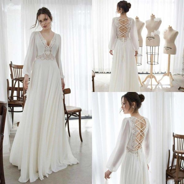 

2020 bohemian wedding dresses v-neck long sleeves pleated skirt a-line bridal gowns beach backless boho wedding dress, White