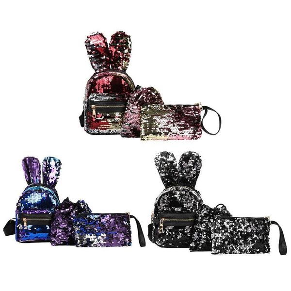

3pcs/set girl mini shining sequins ears school backpack women cartoon mochila label purse zipper shoulder with small bag
