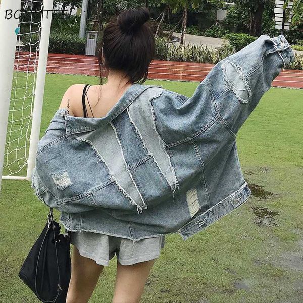 

jackets women patchwork simple all-match korean style female casual trendy streetwear womens loose jacket hole chic, Black;brown