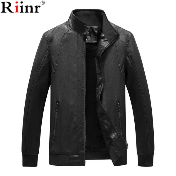 

riinr 2018 leather jacket men autumn winter solid motorcycle washed leather faux jackets men's fleece lining coats, Black;brown