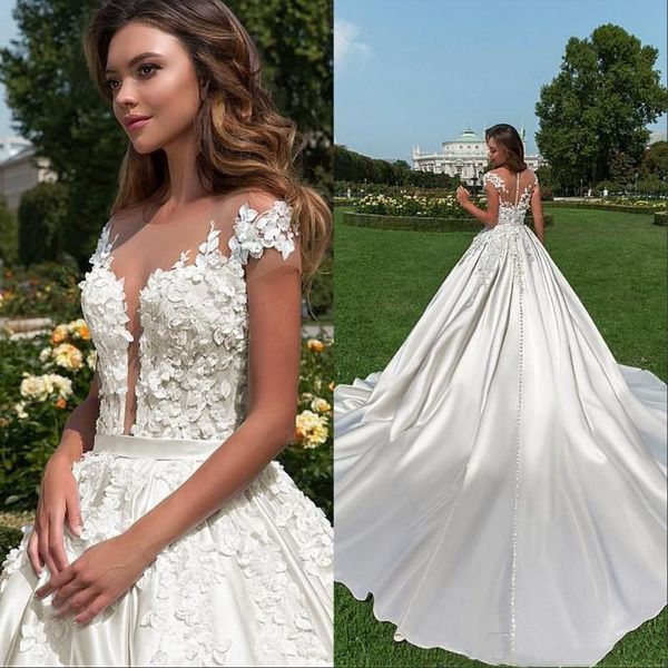 

new cap sleeve 2019 country garden wedding dresses a line sheer neck lace appliques beaded buttons back bridal gowns, White