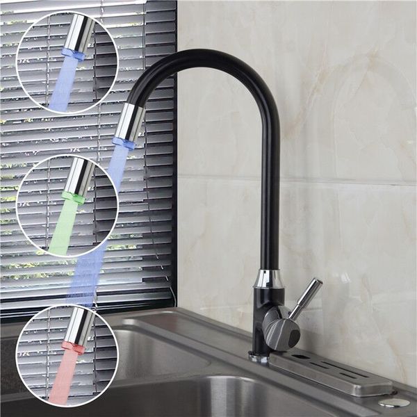 

led light three color polished chrome plated rotating kitchen copper faucet deck single hole bathroom faucets