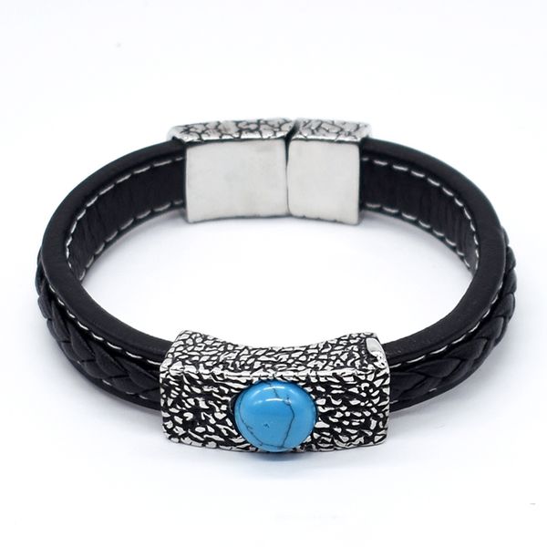 

amumiu blue stone leather bracelet casting magnet button stainless steel accessories fleur de lis lily flower hb139, Black