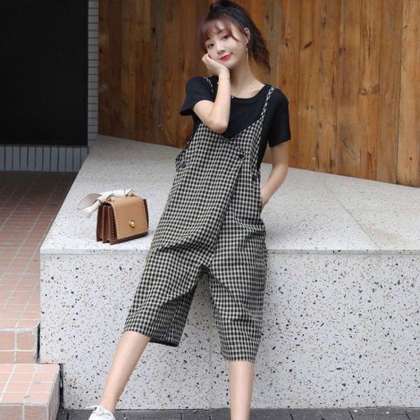 

overalls for women casual ladies sleeveless loose black lattice high waist trousers wide leg pants romper jumpsuit female fy180, Black;white