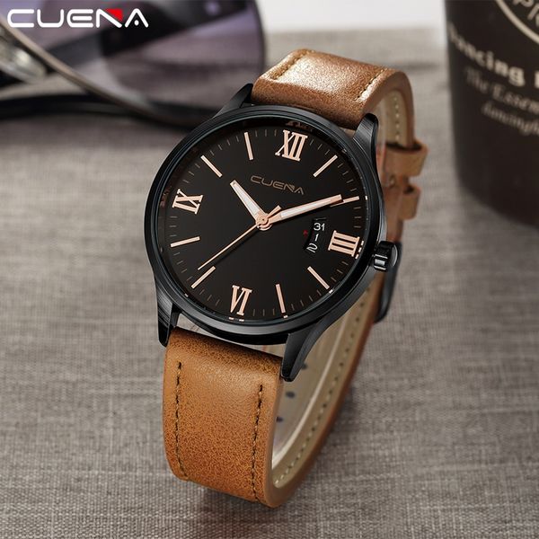 

cuena new sport men watch leather creative quartz watches mens watches clock hour army wristwatches relogio masculino, Slivery;brown
