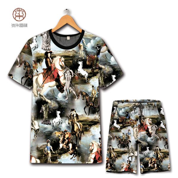 

european style retro oil painting printing fashion t shirt and shorts suit summer 2018 hollow breathable quality mens short sets, Gray