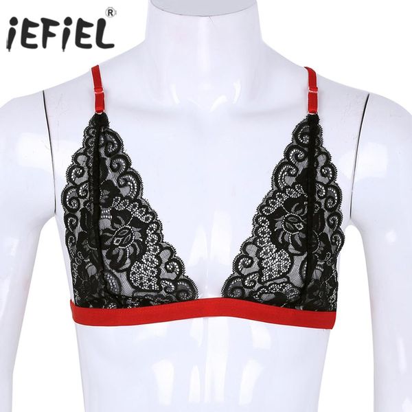 

mens sissy male bra lingerie nightwear bra lace see-through transparent straps back criss-cross wire-unlined bralette, Red;black