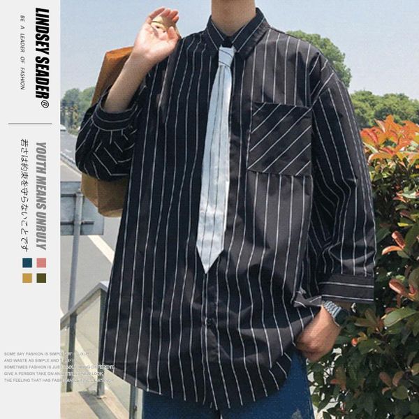 

lindsey seader solid stripped office classic long sleeve shirts men hip hop casual shirts harajuku fashion streetwear shirt, White;black