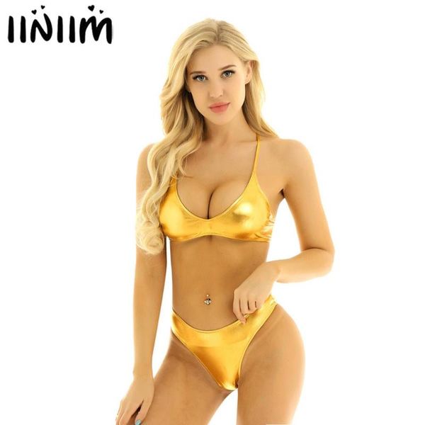

femme womens shiny metallic bikini set for swimsuit swimwear summer parties strappy cross back crop with briefs underwear, White;black