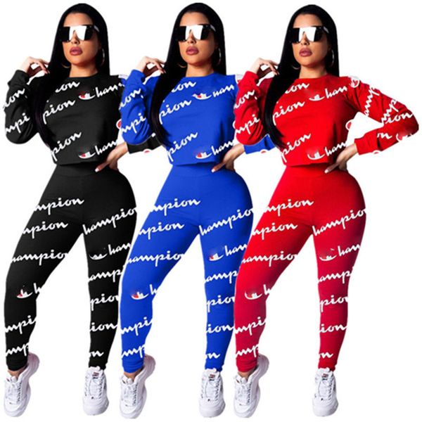 

women champions letter tracksuit long sleeve t shirt crop + pants leggings 2 piece suit fashion spring sweatshirt outfit clothes set 3xl, White