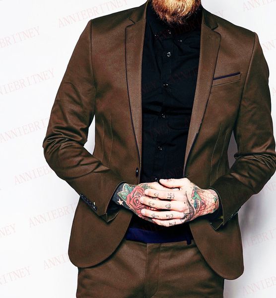 

anniebritney 2019 fashion brown satin italian men suit set prom party wedding tuxedos slim fit groom suits custom blazer pants, White;black