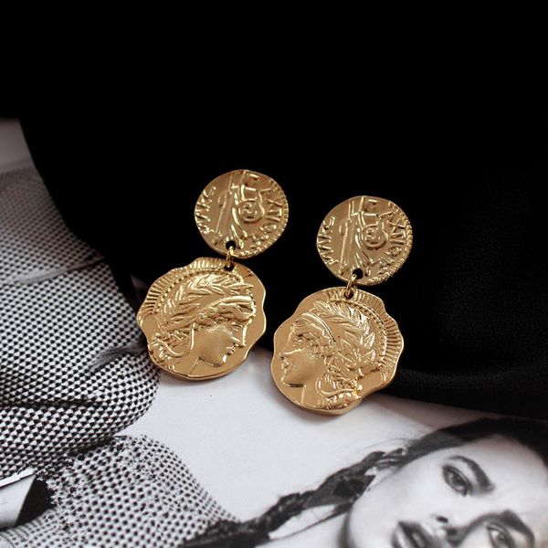 

new vintage metal matte irregular lady avatar portrait coin circle round link drop dangle earrings for women girl female, Silver