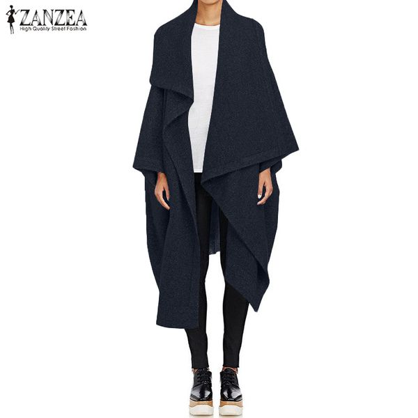 

wool cape poncho women's coats 2019 zanzea autumn long trench fashion lapel neck cardigan jackets female casaco oversized, Black