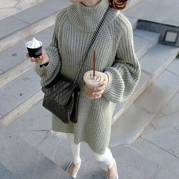 

women solid lantern sleeve side slit sweaters autumn winter long sleeve turtleneck sweater loose long sweaters pullovers, White;black