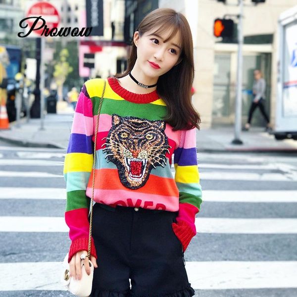 

runway design tiger sequins women sweater 2020 spring luxury female rainbow striped christmas pullover embroidered clothes, White;black