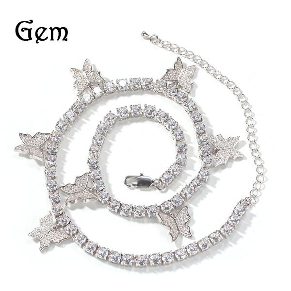 

cuban link chains hip-hop creative zircon butterfly tennis chain necklace choker, Silver