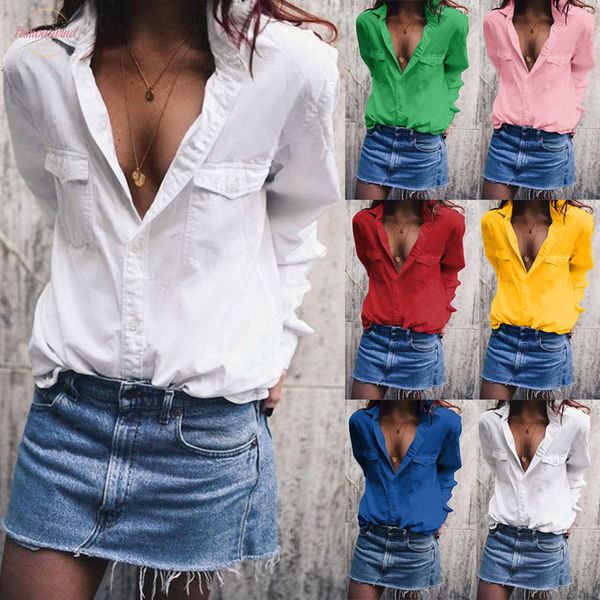 

autumn new fashion women casual solid long sleeve turn down collar pockets button front shirt z4, White