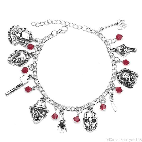 

skull charm bracelets bangle chucky face stephen kings penny jason mask pendant bracelet for man woman halloween bracelet jewelry gifts, Golden;silver