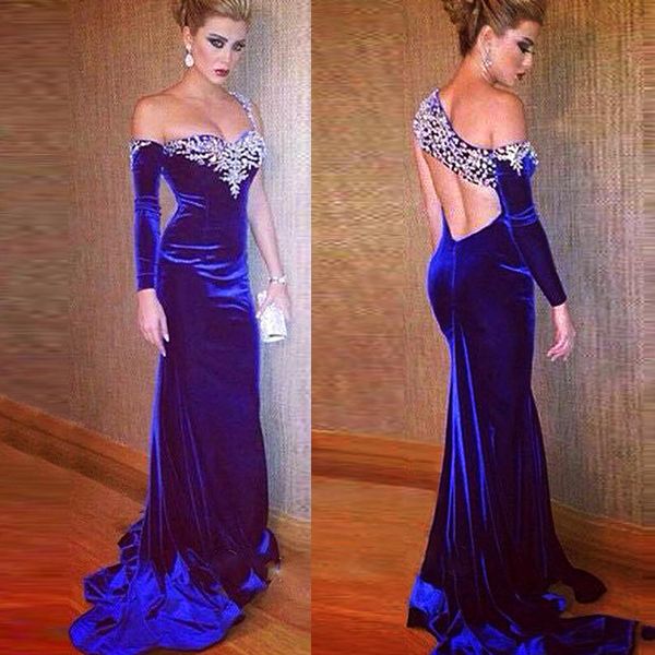 

velvet royal blue mermaid evening dresses long backless beaded one shoulder prom dress formal party gowns robe de soiree cheap, Black;red