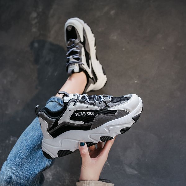 

fashion fall casual shoes girl rugged faux leather clunky sneakers 30% autumn women pvc dorky dad shoes spring teen mesh footwear, Black