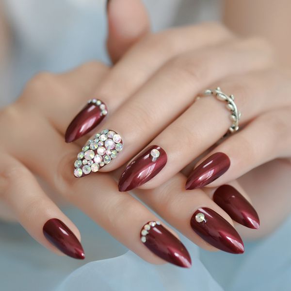 

dark white red nail tips 3d jewelery french stiletto press on false nails glossy uv gel fake fingers nails for party salon home, Red;gold