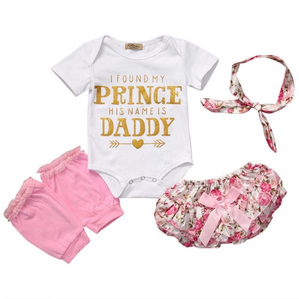 

baby girl jumpsuits 4pcs summer clothing sets letter print romper+floral bow design briefs+ solid color bud shorts+headband, White